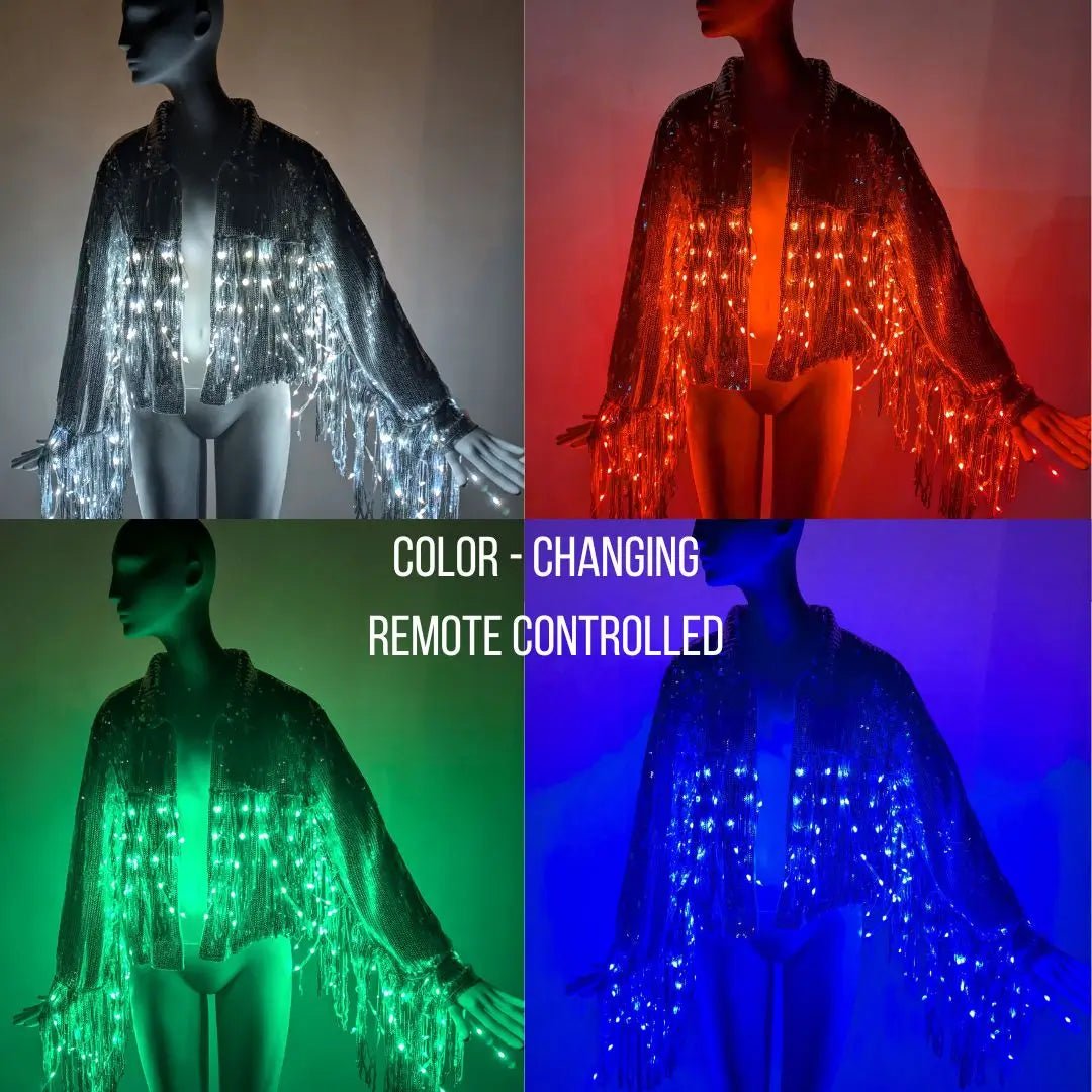 Light Up LED Fringe Sequin Cowgirl Jacket for Parties Raves Music Festivals Concerts Bachelorettes Sororities Silver Sequins Size S M L XL