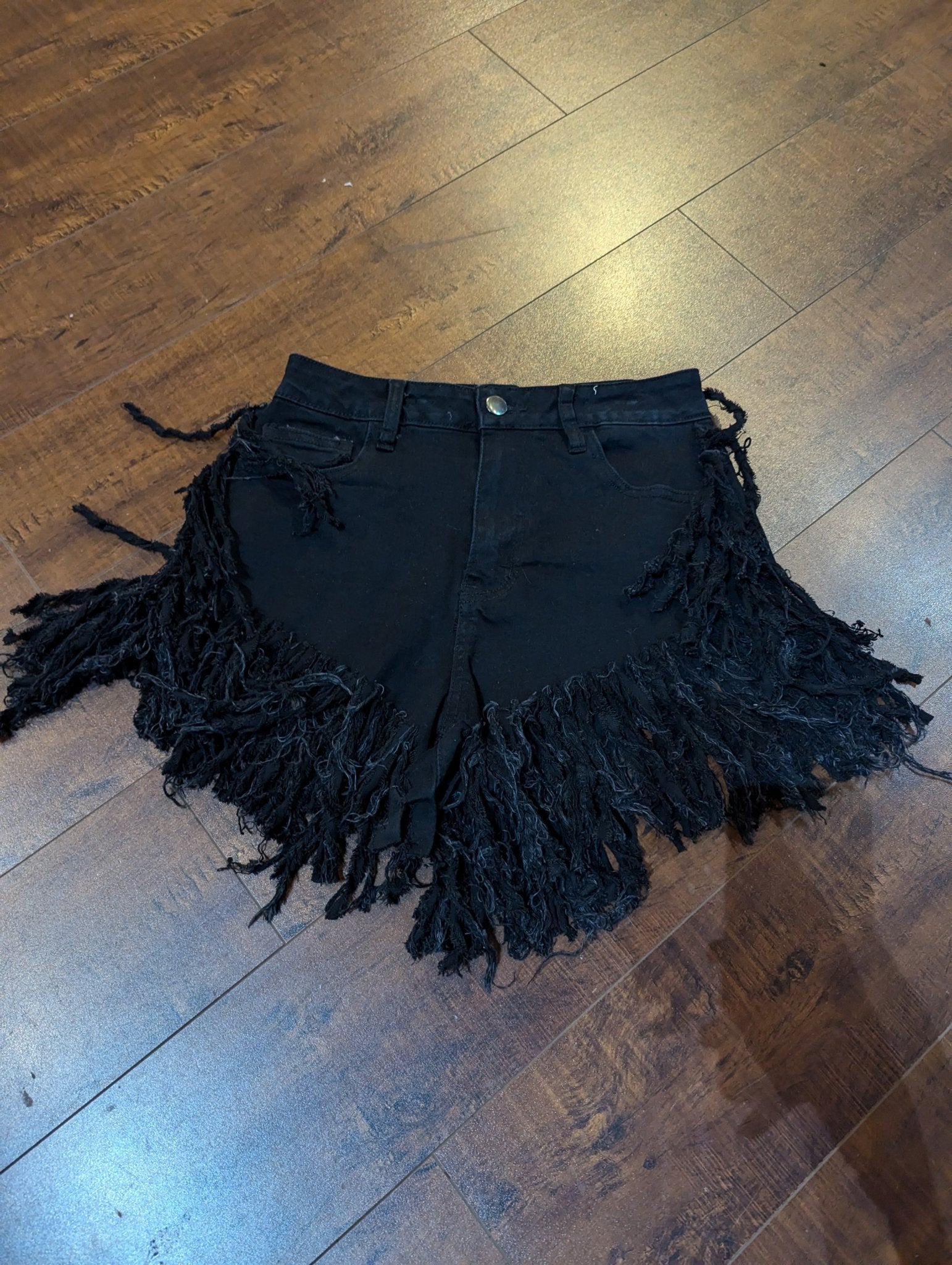 SAMPLE SALE - Black Denim Shorts with sheared fringe bottoms size small - Neon Cowboys - 