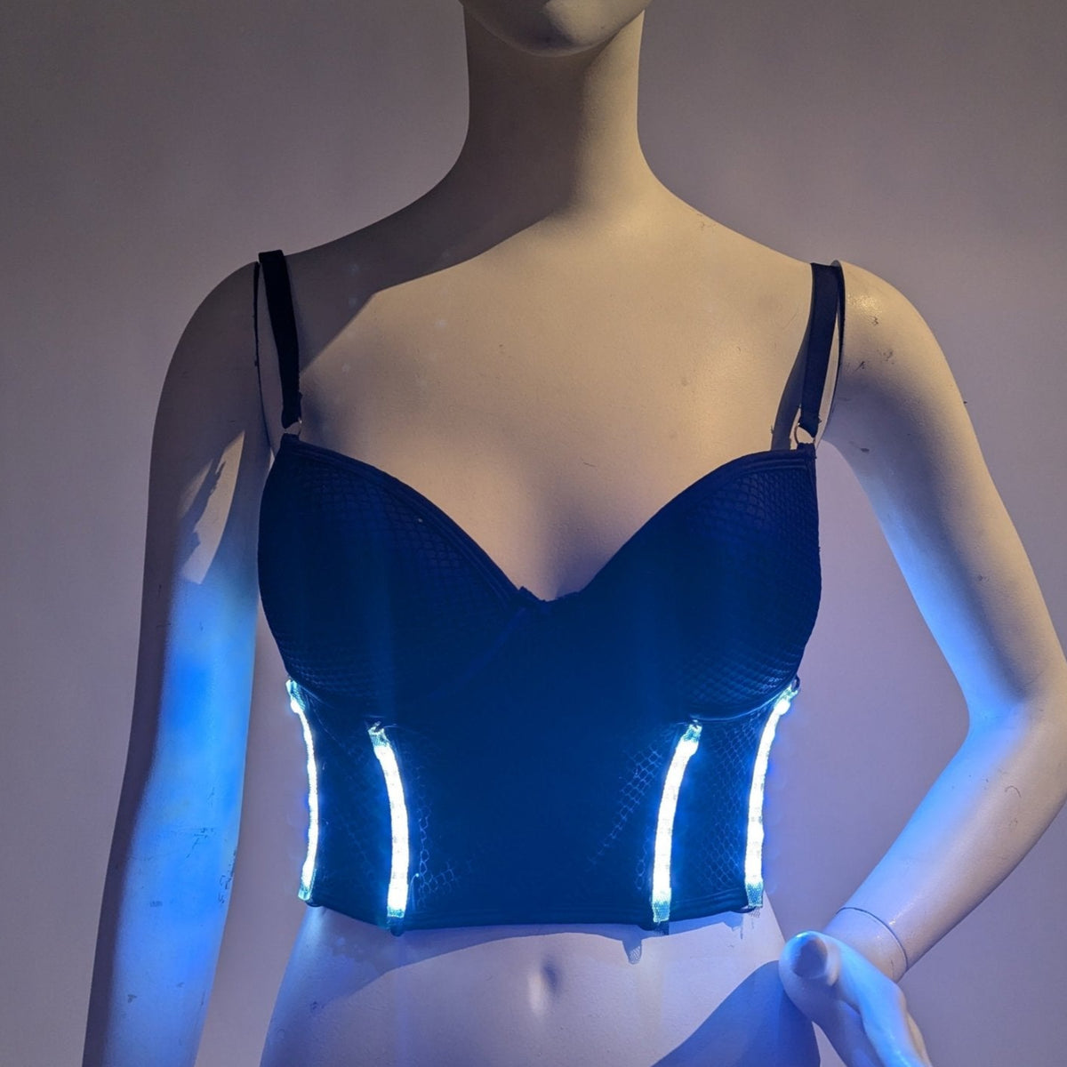 SAMPLE SALE - Black Mesh Crop Top with White LED Piping Size Small - Neon Cowboys - 