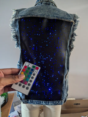 SAMPLE SALE - Denim Vest with Galaxy Lights Back Panel Size Small. Color changing & remote controlled (New) - Neon Cowboys - 