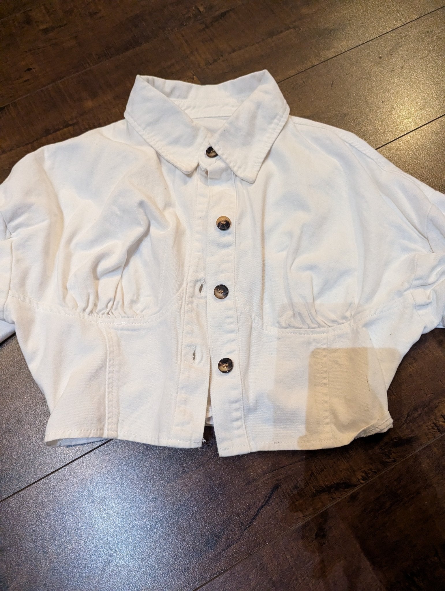 SAMPLE SALE - White Denim Crop Top Button Down Ruched Sleeves Size XSmall (New) - Neon Cowboys - 