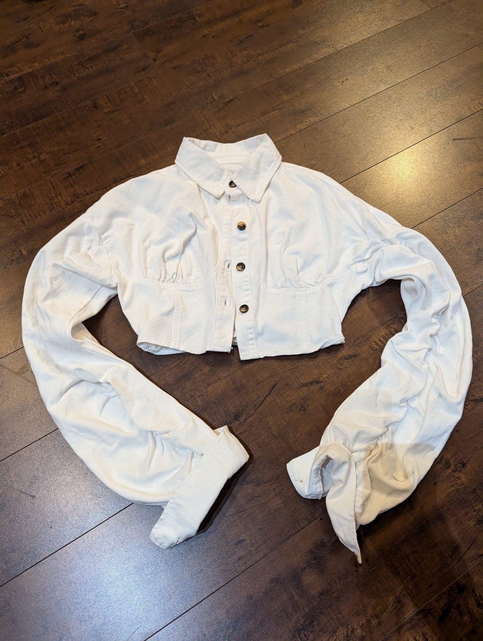 SAMPLE SALE - White Denim Crop Top Button Down Ruched Sleeves Size XSmall (New) - Neon Cowboys - 